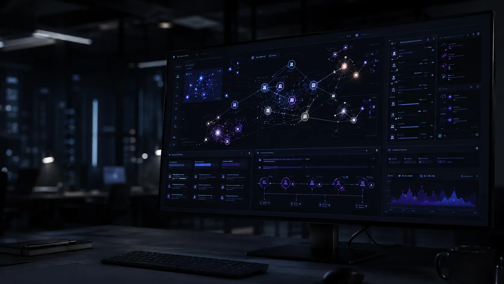 Monitor com mapa de superfície de ataque e relações entre ativos corporativos