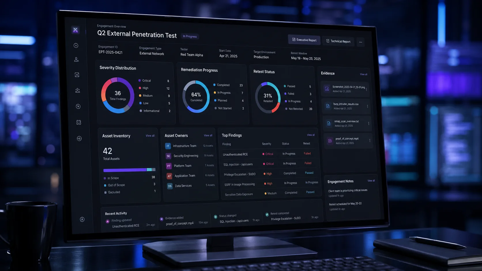 Monitor com painel de gestão de vulnerabilidades, progresso de remediação, status de reteste e evidências